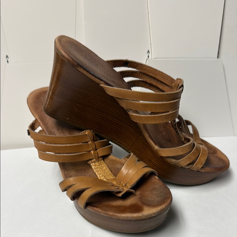 UGG Brown Leather Wedge Sandals